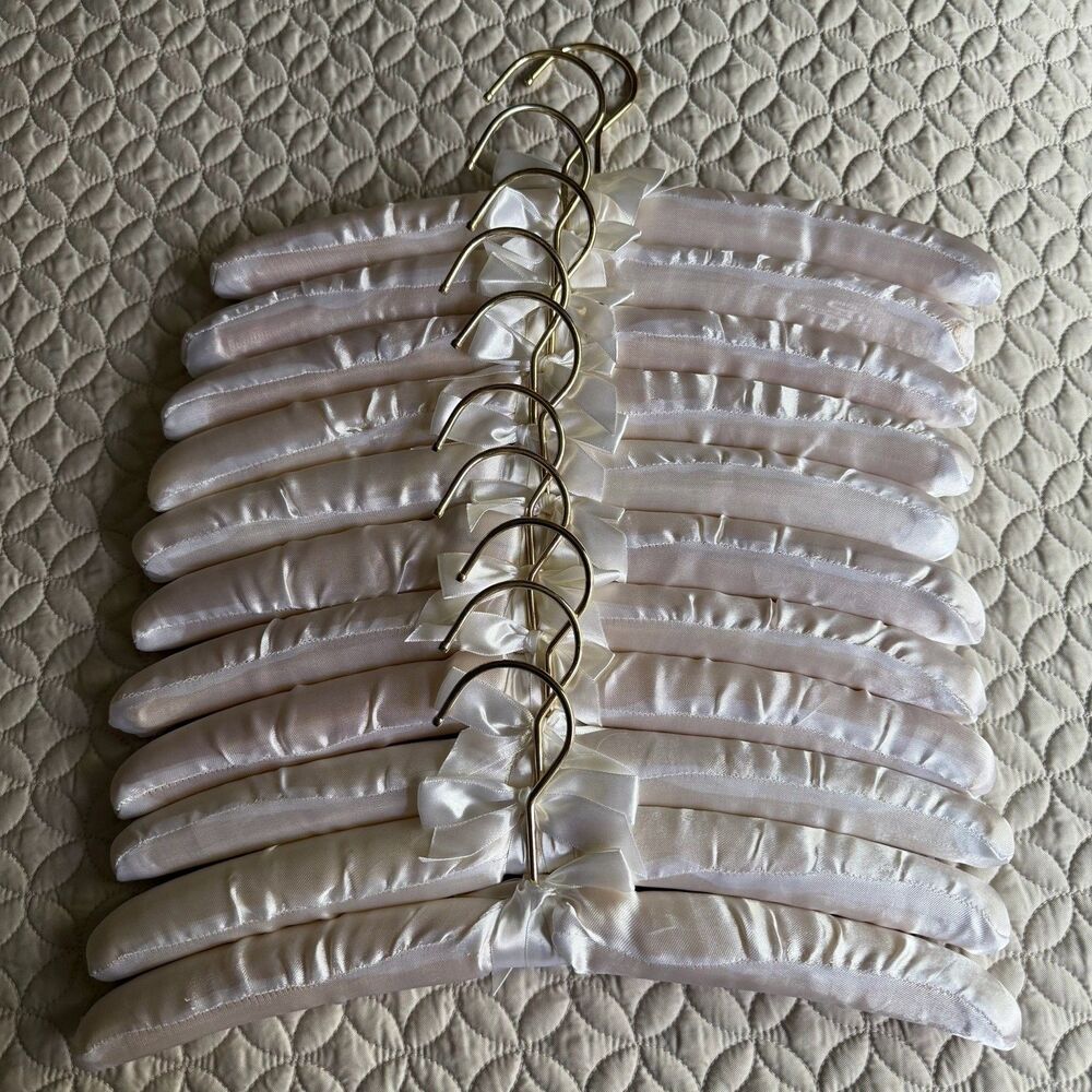 Lot 10 Vtg Padded & Satin Boudoir Lingerie Clothes Matching Hangers White
